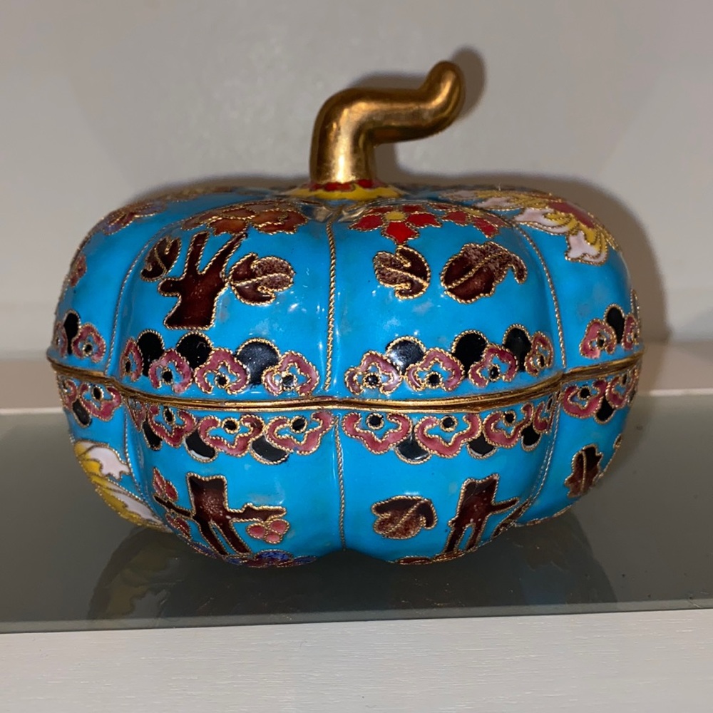 Vintage 1970 Cloisonne Blue Floral Enameled Asian Pumpkin Shaped Bowl Lidded-4”